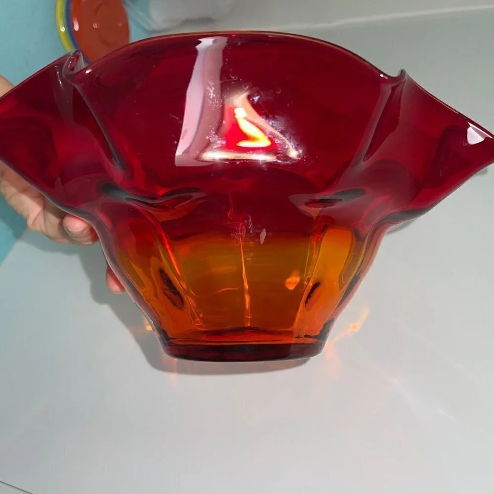 Blenko Vintage Amberina Ruffle Bowl Red Size Large Mid Century Modern MCM Orange